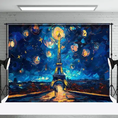 Stunning Night Oil Painting Eiffel Tower Backdrop