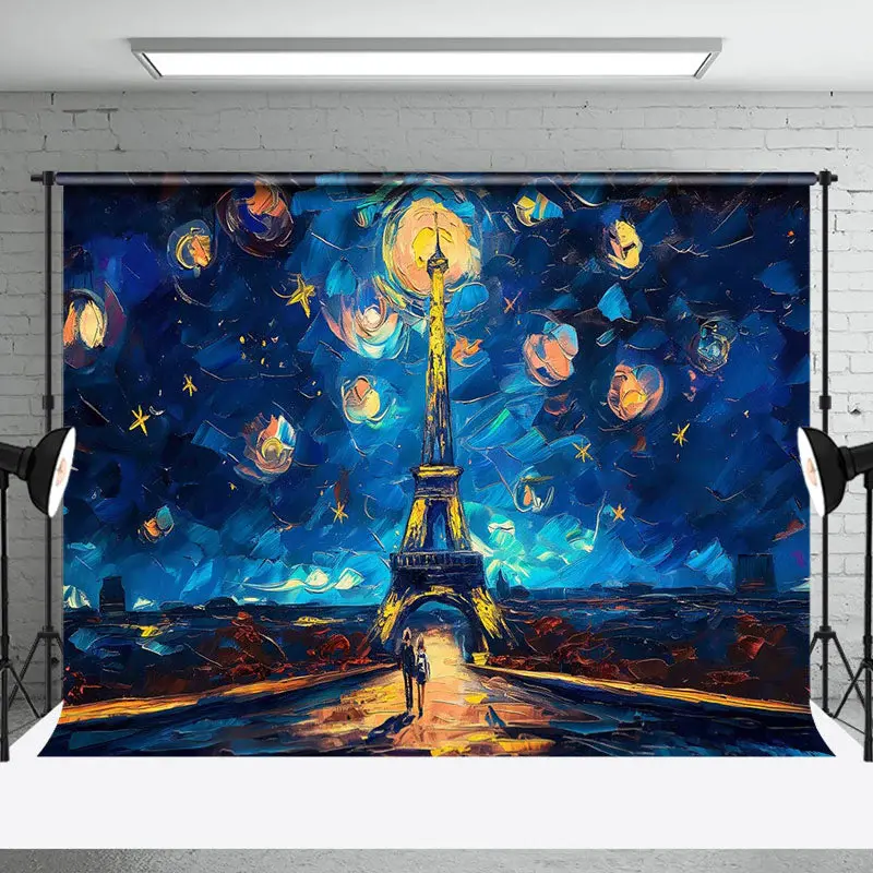 Stunning Night Oil Painting Eiffel Tower Backdrop