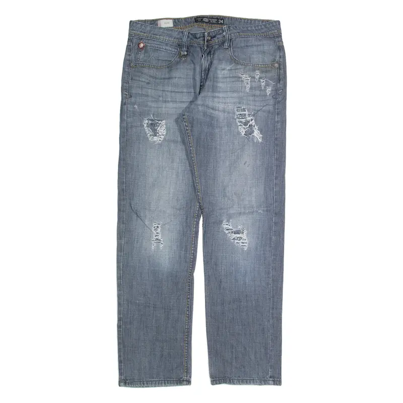 DICKIES Distressed Womens Jeans Blue Slim Straight Stone Wash W34 L30