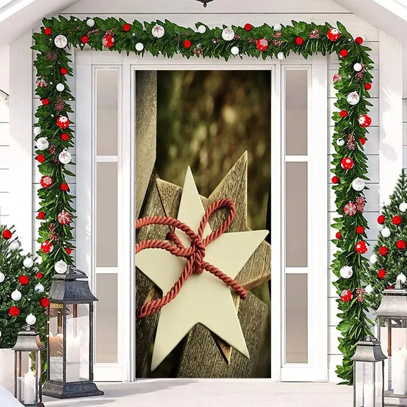 Red Rope Wooden Star Bokeh Christmas Door Cover - Aperturee