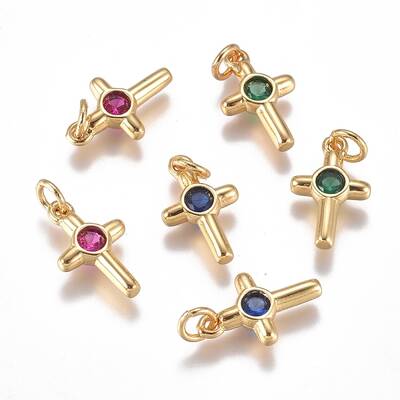 Brass Micro Pave Cubic Zirconia Tiny Cross Charms