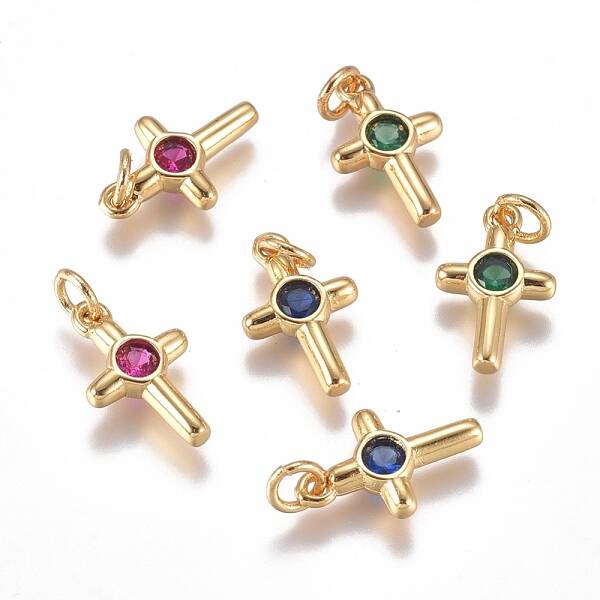 Brass Micro Pave Cubic Zirconia Tiny Cross Charms