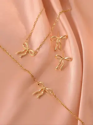 4-piece Copper Irregular Bow Design Exquisite Women's Fashion Trendy Jewelry Set, Necklaces