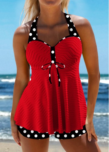 Modlily Jacquard Polka Dot Red Tankini Set - L