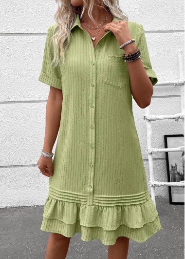 Modlily Sage Green Button A Line Short Sleeve Dress - L