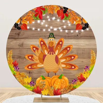 Round Wood Turkey Pumpkin Maple Thanksgiving Backdrop