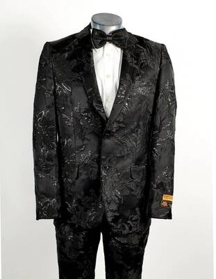 Black Floral Tuxedo - All Black Floral Suit - 2 button closure with a shawl lapel tuxedo