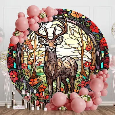 Aperturee Retro Abstract Red Floral Deer Round Party Backdrop, Diameter 5Ft/1.5M, 49 USD, round birthday backdrops, YZRD9O33-...
