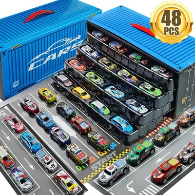 48-Piece Pull Back Cars Set with Garage Storage Box – Race Car Collection for Boys and Girls – Mini Racing Cars, Friction...