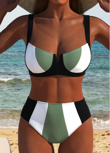 Modlily Patchwork Tie Sage Green Bikini Set - S
