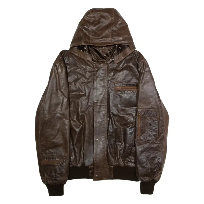 HOSTER Mens Bomber Jacket Brown Leather Hooded L