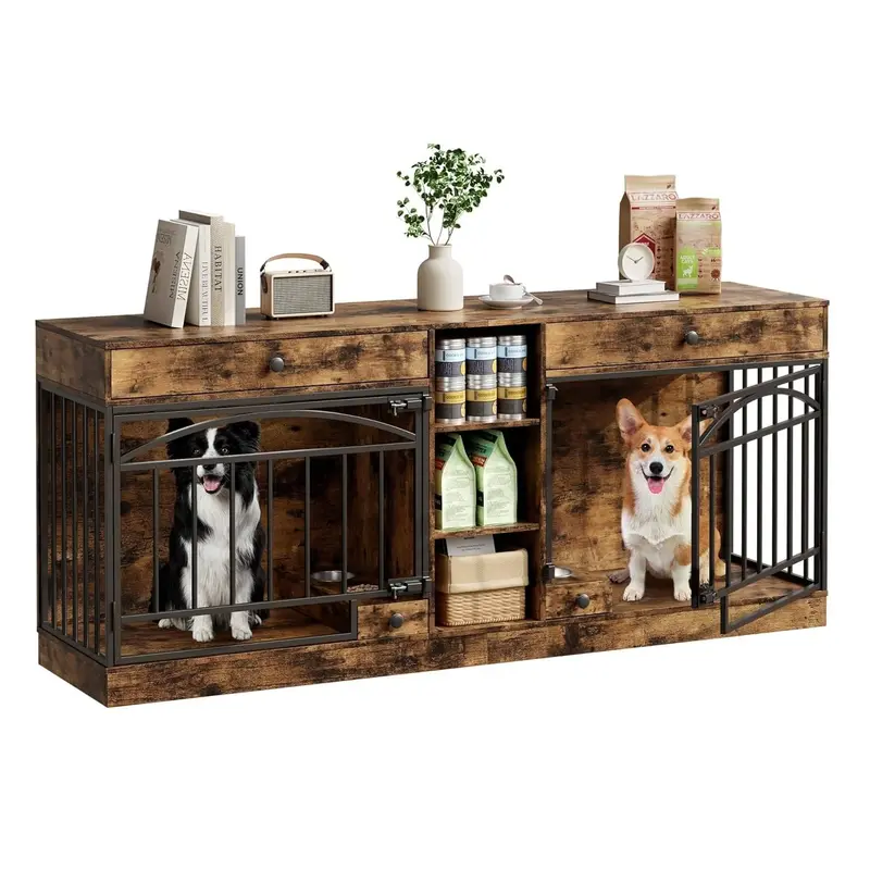 Garvee Dog Crate Furniture for 2 Dogs, 78.7 Large Dog Kennel Indoor with 2 Storage Drawers, 3 Shelves and Feeding Bowls, Dou...