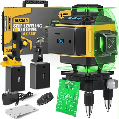 Alloyman 16 Lines Laser Level, Self Leveling 4x360° Green Laser Level with 2Pcs Rechargeable Lithium Batteries/Wall Mount/Re...