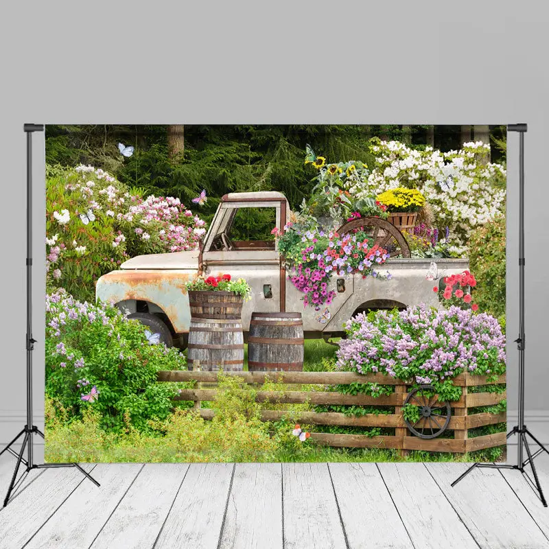 Old Truck Floral Garden Spring Photography Backdrop - Aperturee