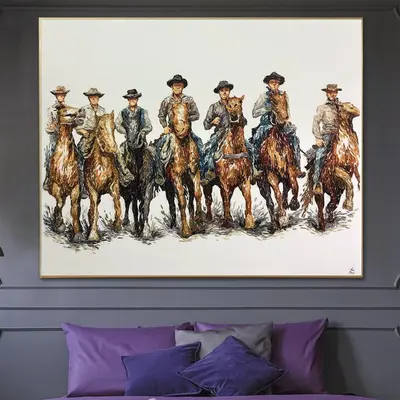 Large Original Wild West Cowboys Oil Painting Horses Painting Western Texas Landscape Canvas Impasto Painting American Prairi...
