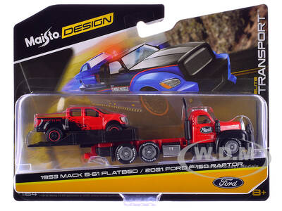 1953 Mack B-61 Flatbed Truck Red with Black and 2021 Ford F-150 Raptor Pickup Truck Red and Black Elite Transport Series 1/64...
