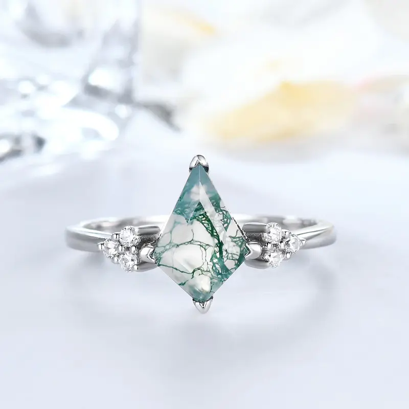 Vintage Kite Natural Dawn Moss Agate & Diamond Engagement Ring 14K White Gold