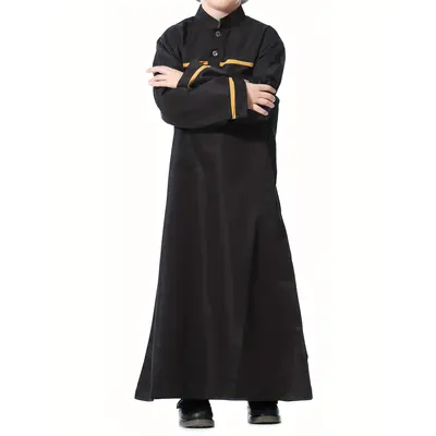 Boys' Modest Long Sleeve Kandora - Polyester Blend, Machine Washable, Solid Color with Contrast Trim - Perfect for Ramadan & ...
