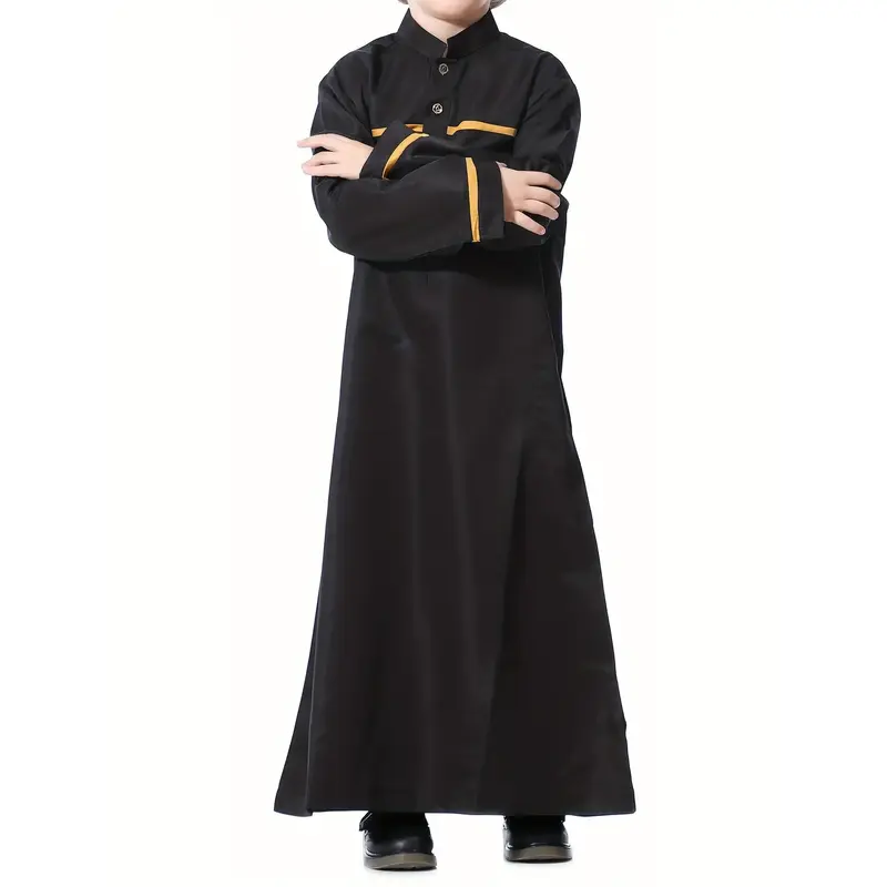 Boys' Modest Long Sleeve Kandora - Polyester Blend, Machine Washable, Solid Color with Contrast Trim - Perfect for Ramadan & ...