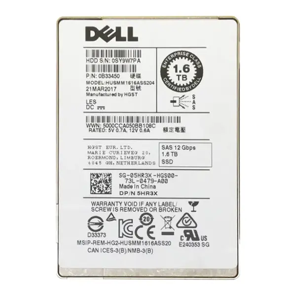 5HR3X Dell 1.6TB Multi-Level Cell SAS 12Gb/s Hot-Pluggable Write Intensive (512n) 2.5-Inch Solid State Drive for PowerEdge an...