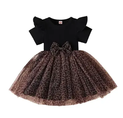L.W. Clothing Company Leopard Toddler and Girls Dress with Bow, Ruffle Sleeves, Tulle Tutu Skirt, 65% Cotton & 35% Polyester,...