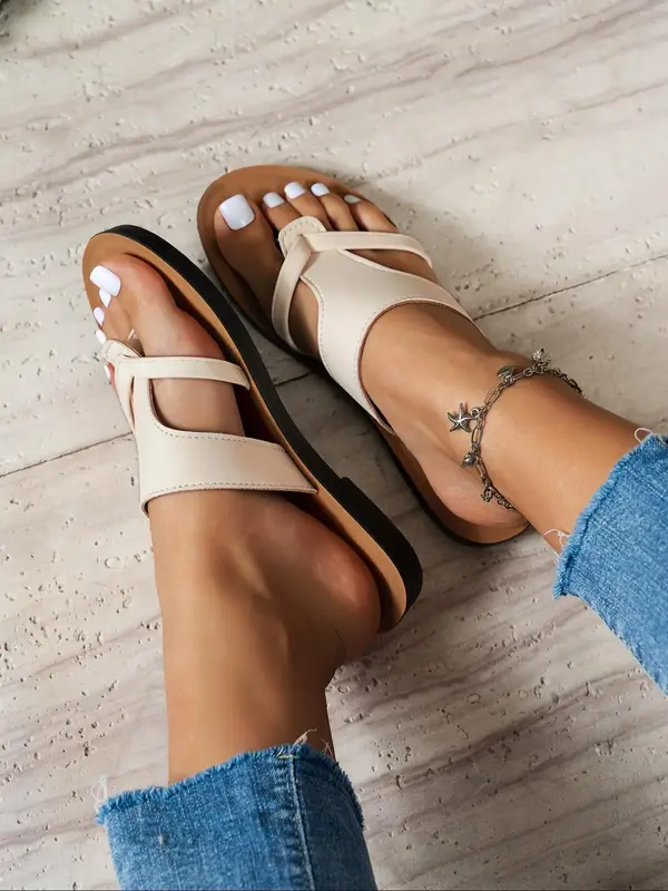 Women's Fashionable  Slip on Solid Color Sandals, Casual Comfortable Flat Stylish Elegant Sandals for Women for Summer, Non-s...