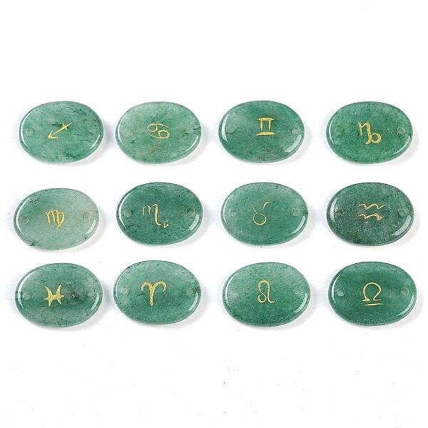 12Pcs 12 Styles Twelve Constellation Natural Green Aventurine Flat Oval Links Connector Charms