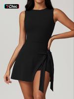 Women's Solid Wrap Tie Side Round Neck Tank Dress, Casual Sleeveless Short Dress for Daily Wear, Ladies Clothes for All Seaso...