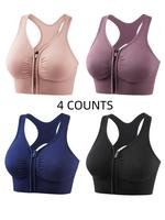 【Plus Size】 Solid Zipper Front Ruched Push Up Sports Bra, Breathable Comfortable High Stretch Sports Bra, Women's Sport &...