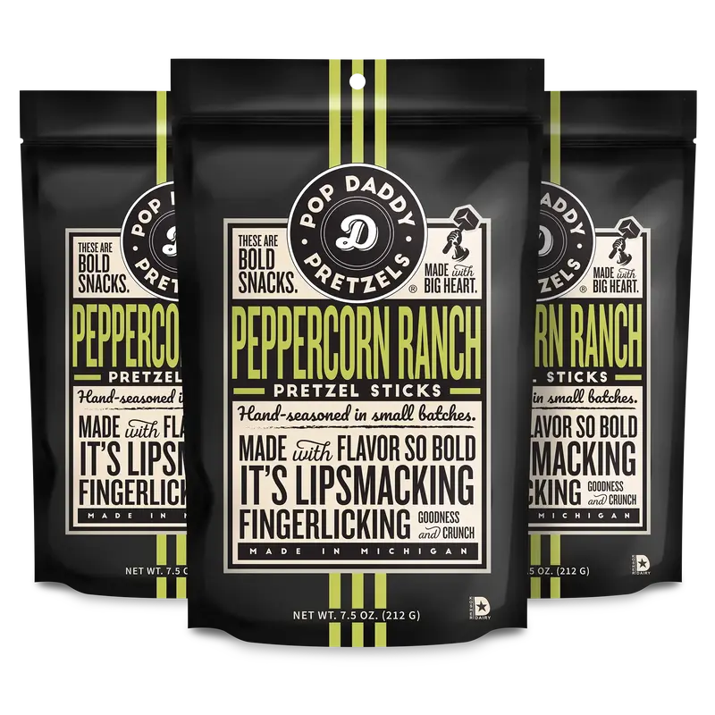 Pop Daddy Flavored Pretzels Sticks | Healthy Gourmet Pretzels Snacks | 7.5oz Individual Bags | 3 Pack | Peppercorn Ranch