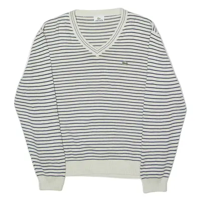 LACOSTE Mens Patterned Jumper White Striped V-Neck Tight Knit L