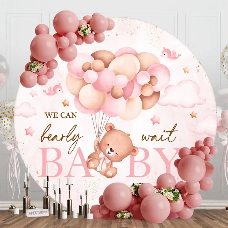 Round Pink Balloons Bearly Wait Baby Shower Backdrop