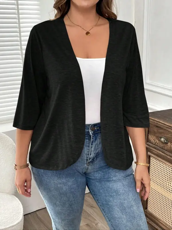 Plus Size Women's Vacation Cardigan with Solid Color, Asymmetrical Hem Casual Jacket for Fall, Holiday Essentials, Tops