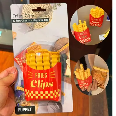 French Fries Shaped Seal Clip, 12pcs/set Creative Sealing Clip with Fridge Magnet Holder, Bag Sealing Clip, Kitchen Gadgets