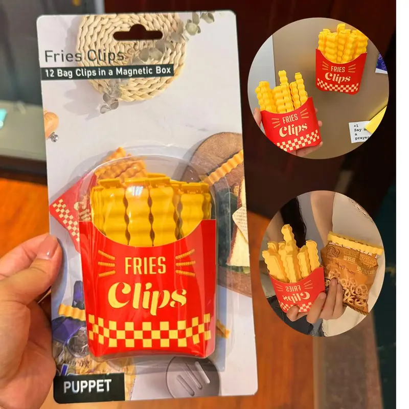 French Fries Shaped Seal Clip, 12pcs/set Creative Sealing Clip with Fridge Magnet Holder, Bag Sealing Clip, Kitchen Gadgets