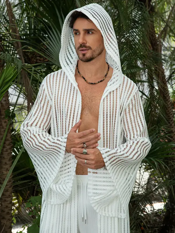 Men's White Sheer Hooded Robe – Breathable Polyester Fabric, Casual Beachwear Menswear with Natural Aesthetic