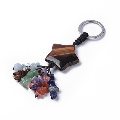 Tiger Eye Star with Mixed Gemstone Chips Beaded Tassel Keychains