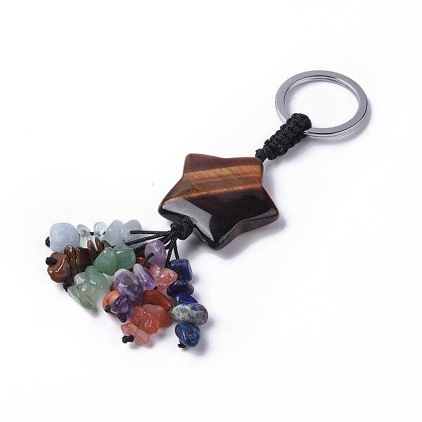 Tiger Eye Star with Mixed Gemstone Chips Beaded Tassel Keychains