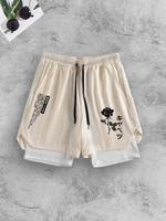 Men's Rose & Letter Print 2 in 1 Drawstring Waist Floral Print Shorts, Casual Loose Pocket Track Shorts for Summer, Fashion M...