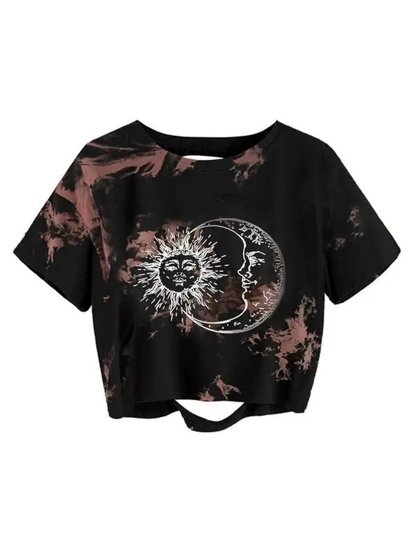 Women's Tie Dye & Graphic Print Ripped Cut Out Round Neck Crop Tee, Fashion Casual Short Sleeve T-shirt for Daily Wear, Summ...