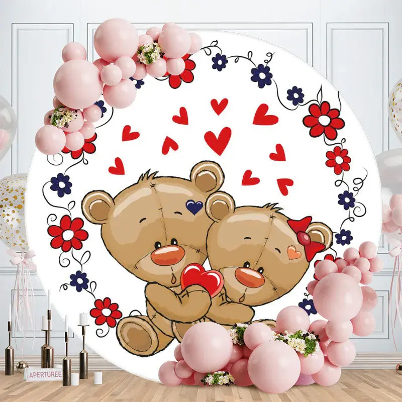 Aperturee Red Love Floral Bear Round Valentines Backdrop