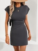 Women's Solid Ruched Batwing Sleeve Bodycon Dress, Dresses for Women, Summer Dresses 2025, Casual Cap Sleeve Round Neck Short...