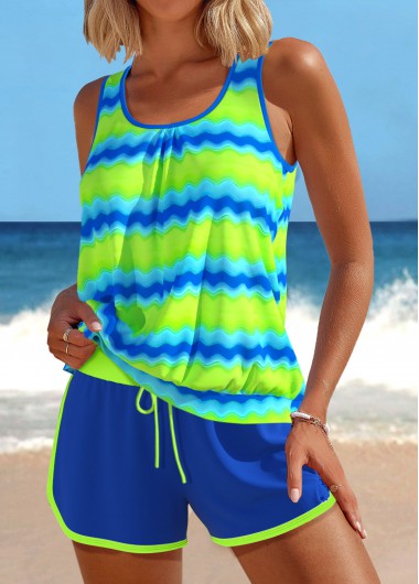 Modlily Patchwork Wave Pattern Print Neon Green Tankini Set - L