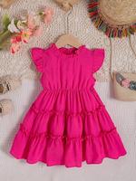 Toddler Girl's Solid Color Ruffle Trim Dress, Casual Cap Sleeveless Dress for Summer, Kids Clothes for Daily Wear, Princess P...