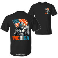 Bigfoot Merica Rock American Flag Patriotic 4th Of July T-Shirt For Men And Women With Two Sided Design