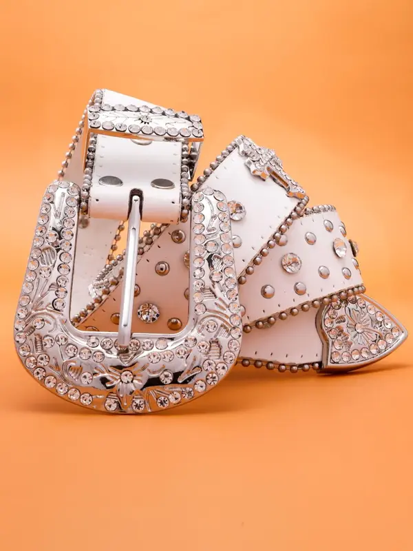 Unisex Punk Style Rhinestone Decorated Studded Belt Buckle, Y2k Western Belt with Cross Design for Women & Men, Casual Waistb...
