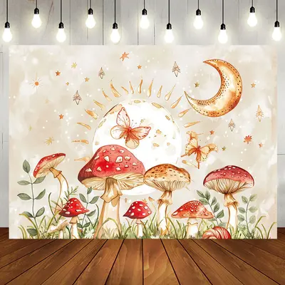 Mushroom Moon Leaf Butterfly Night Birthday Backdrop - Aperturee