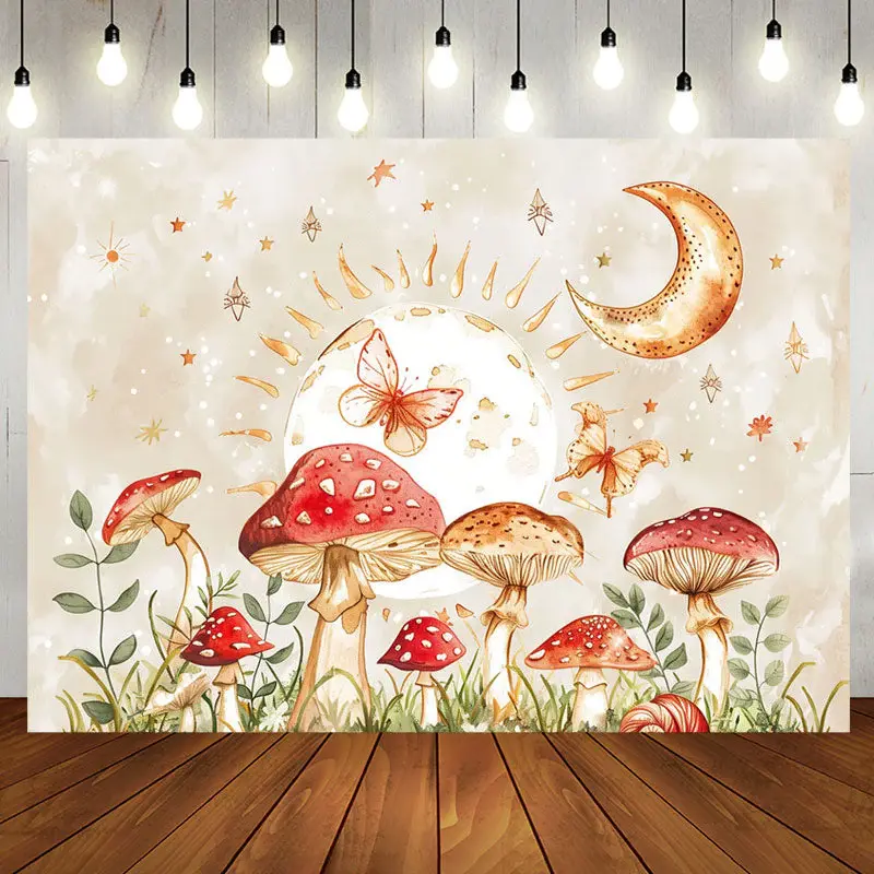Mushroom Moon Leaf Butterfly Night Birthday Backdrop - Aperturee