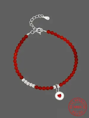 S925 Sterling Silver Heart Charm Decor Beaded Bracelet, Fashionable Jewelry for Women & Girls, Trendy All-match & Exquisite J...