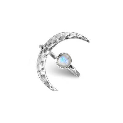 Natural Moonstone with Crescent Moon Open Cuff Ring
